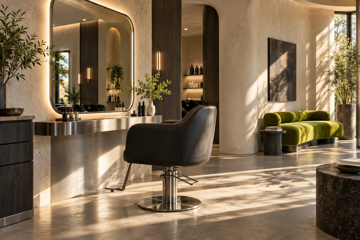 Interior de salón contemporáneo con espejo iluminado y sillón oscuro; imagen conceptual de Polo Barber